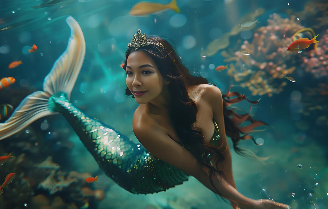 Photo wallpaper look, girl, smile, hair, mermaid, fish, tail, underwater world