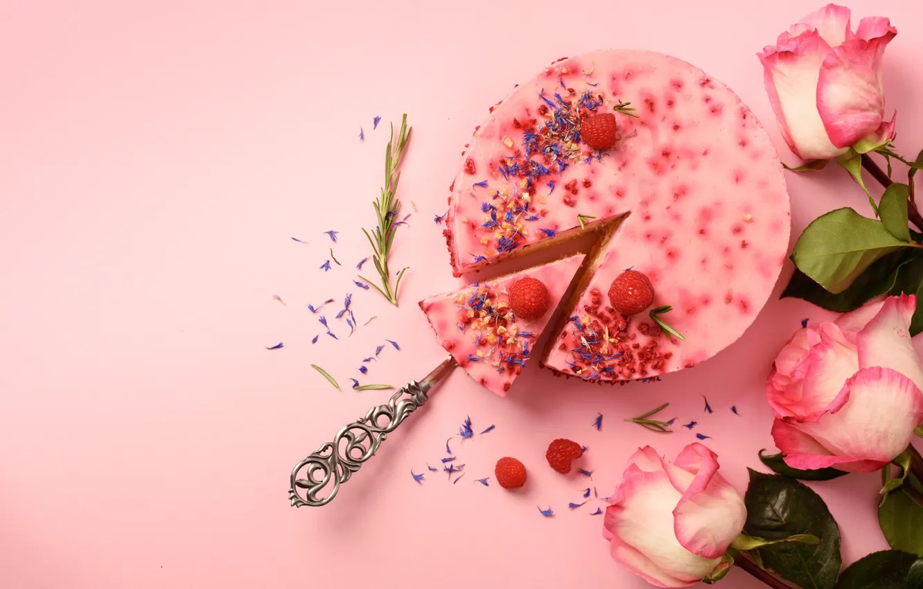 Photo wallpaper berries, raspberry, roses, cake, dessert, mousse