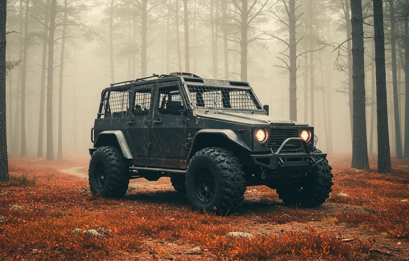 Photo wallpaper autumn, forest, trees, fog, SUV