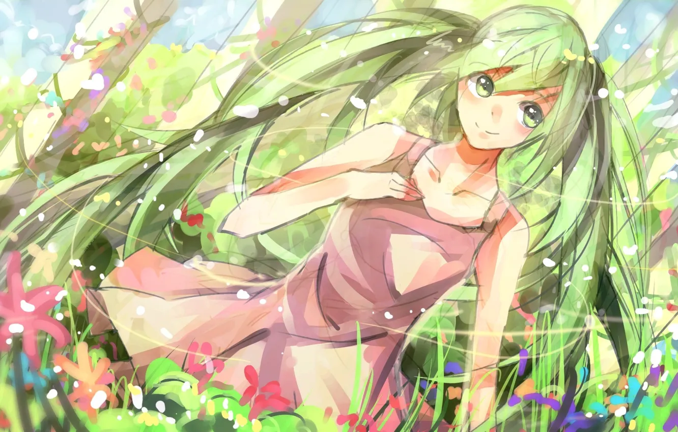 Photo wallpaper summer, flowers, smile, meadow, Hatsune Miku, Vocaloid, long hair, sundress