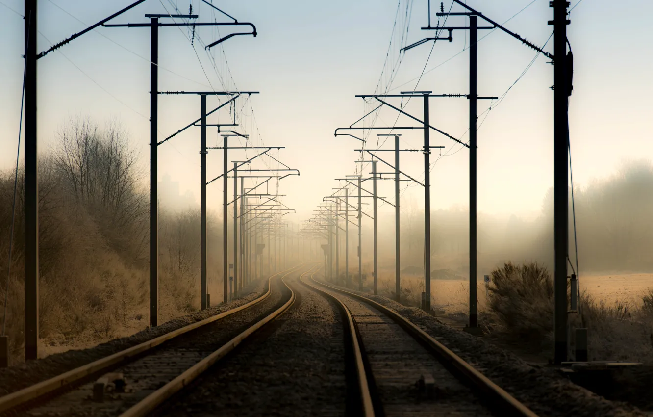 Photo wallpaper fog, railroad, power line