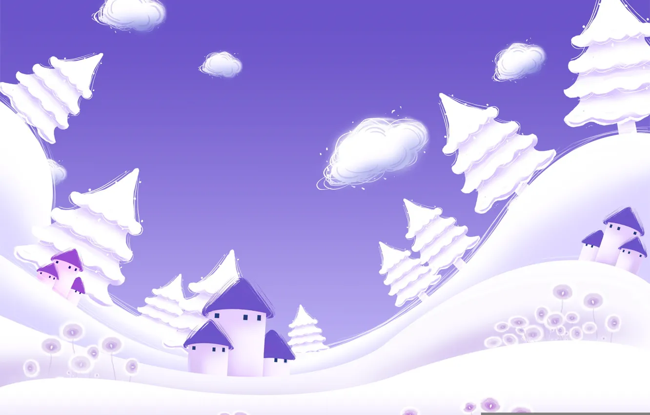 Photo wallpaper winter, purple, clouds, snow, tree, vector