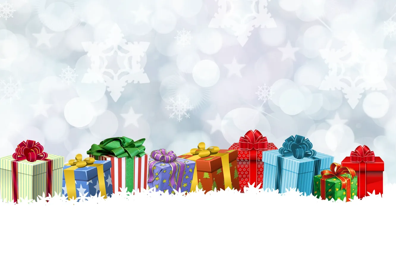 Photo wallpaper winter, snow, snowflakes, holiday, bright, vector, Christmas, gifts