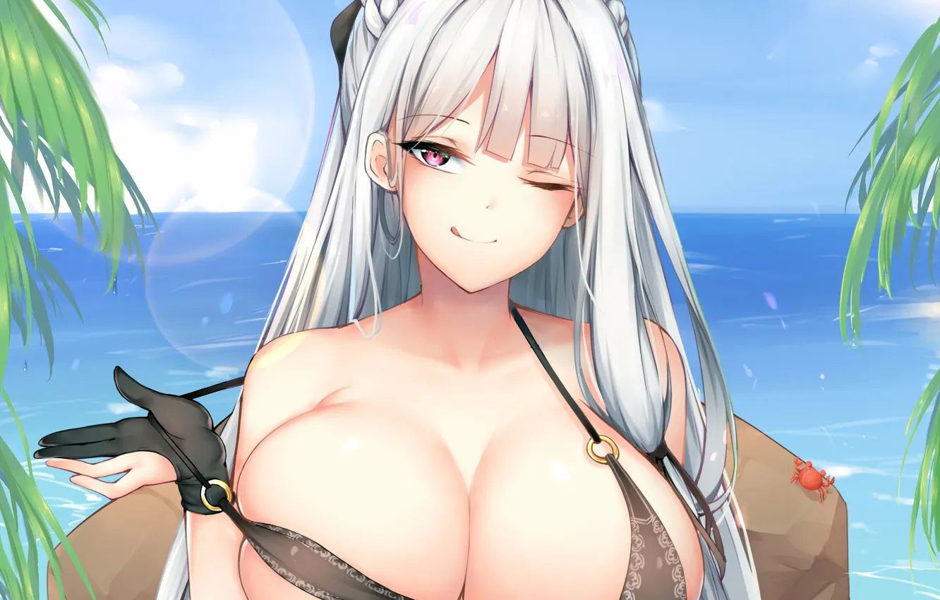 Photo wallpaper girl, sexy, cleavage, sky, long hair, sea, boobs, anime
