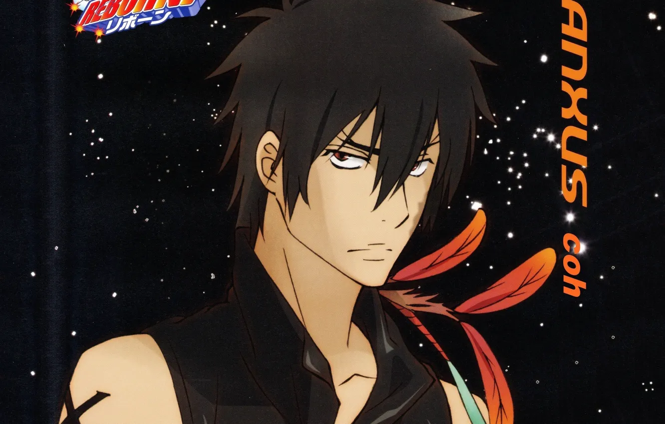 Photo wallpaper face, the inscription, feathers, guy, art, bangs, Katekyo Hitman REBORN!, Xanxus