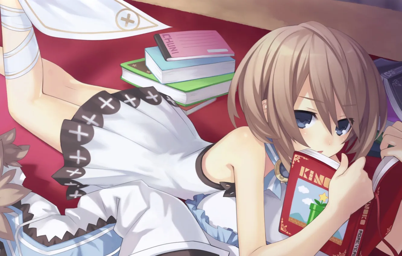 Photo wallpaper art, girl, book, lying, tsuna of the latter, choujigen game neptune, hyperdimension neptunia mk2