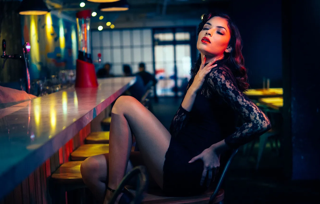 Photo wallpaper black, dress, legs, bar, beauty, comfort, lips