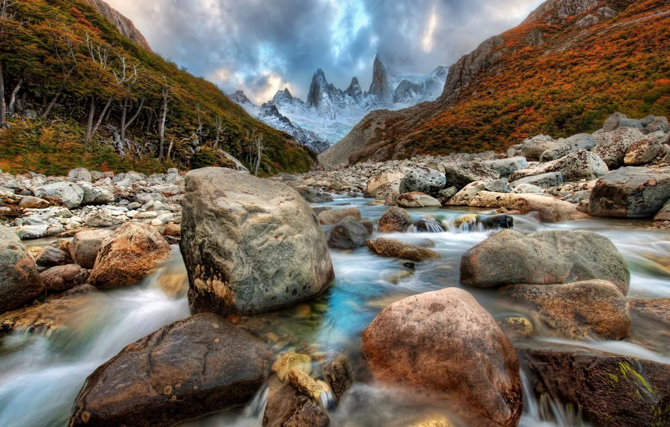 Photo wallpaper mountains, river, stones