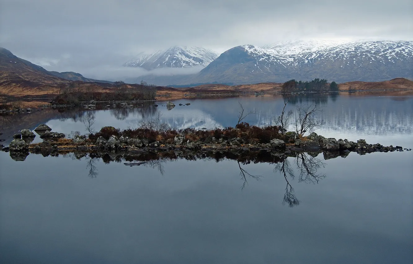 Photo wallpaper mountains, lake, reflection, tops, island, snow, the surface of the water