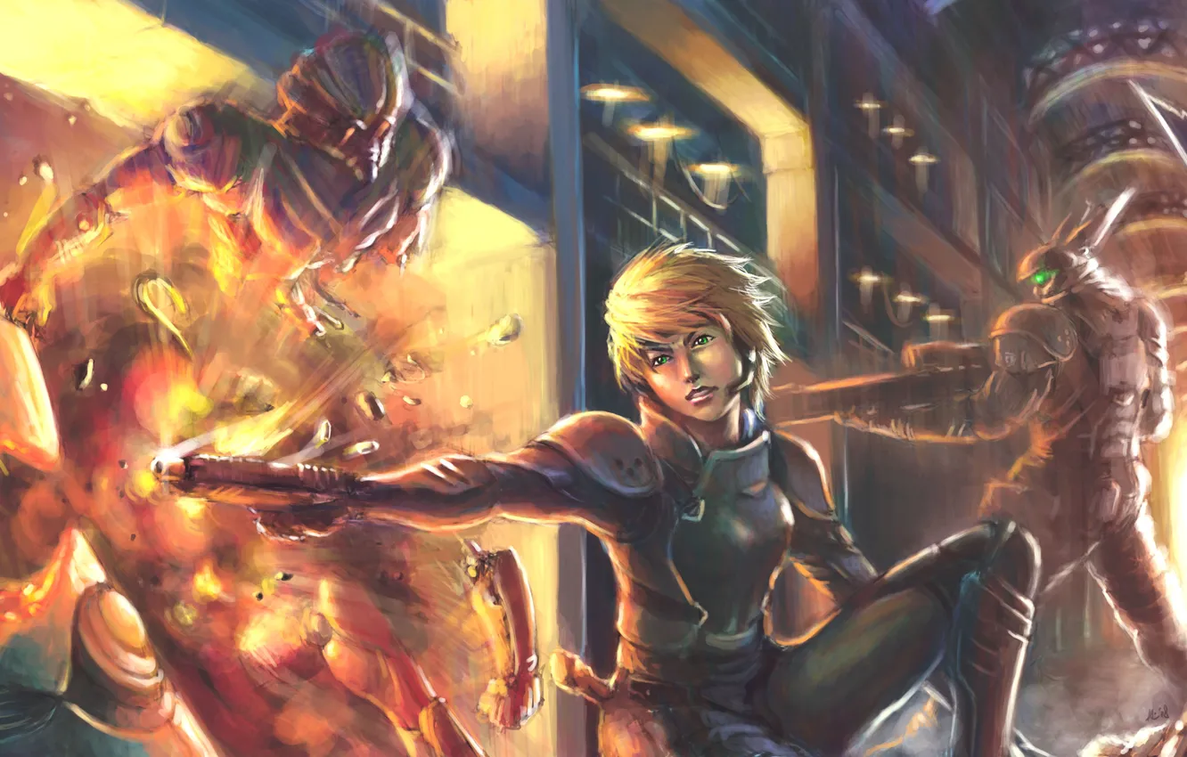 Photo wallpaper girl, the explosion, gun, cyberpunk, Appleseed
