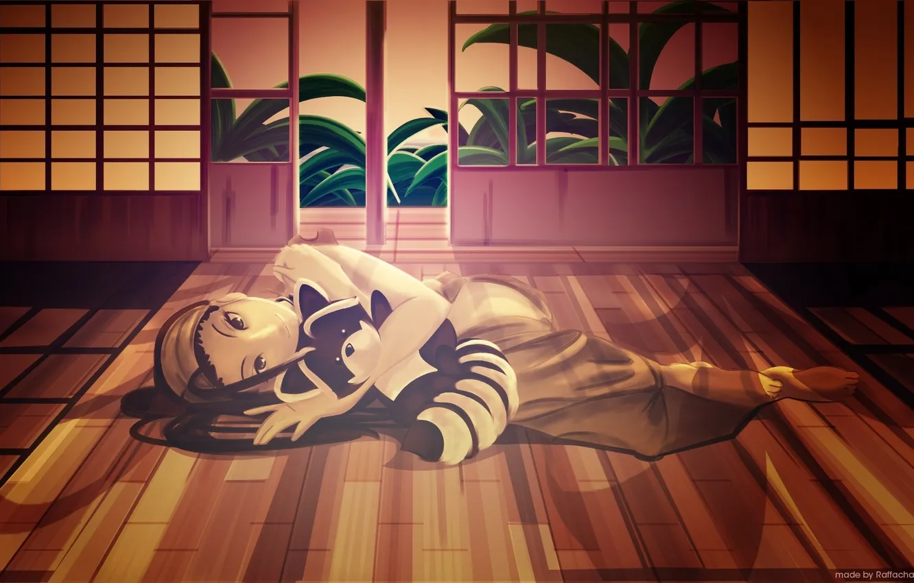 Photo wallpaper leaves, sunset, room, girl, screen, hugs, Tanuki
