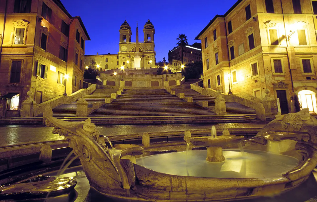 Photo wallpaper night, lights, tower, home, the evening, Rome, fountain, The Spanish steps