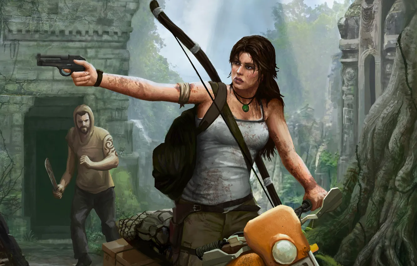 Photo wallpaper girl, man, motorcycle, Tomb Raider, bandit, Croft, Lara