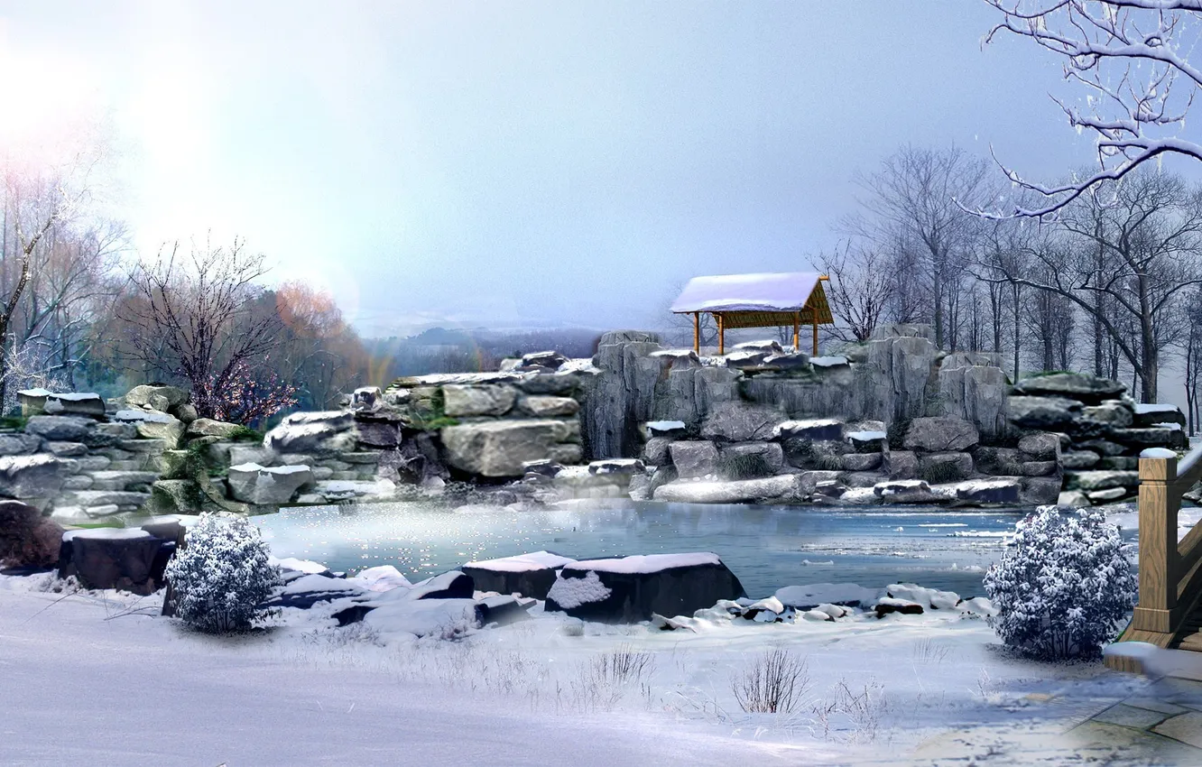 Photo wallpaper winter, trees, stones, Japan, Japan, gazebo, digital, landscape
