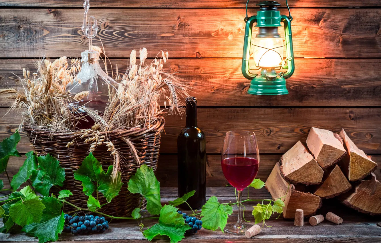 Photo wallpaper leaves, wine, red, bottle, grapes, tube, vine, kerosene lamp