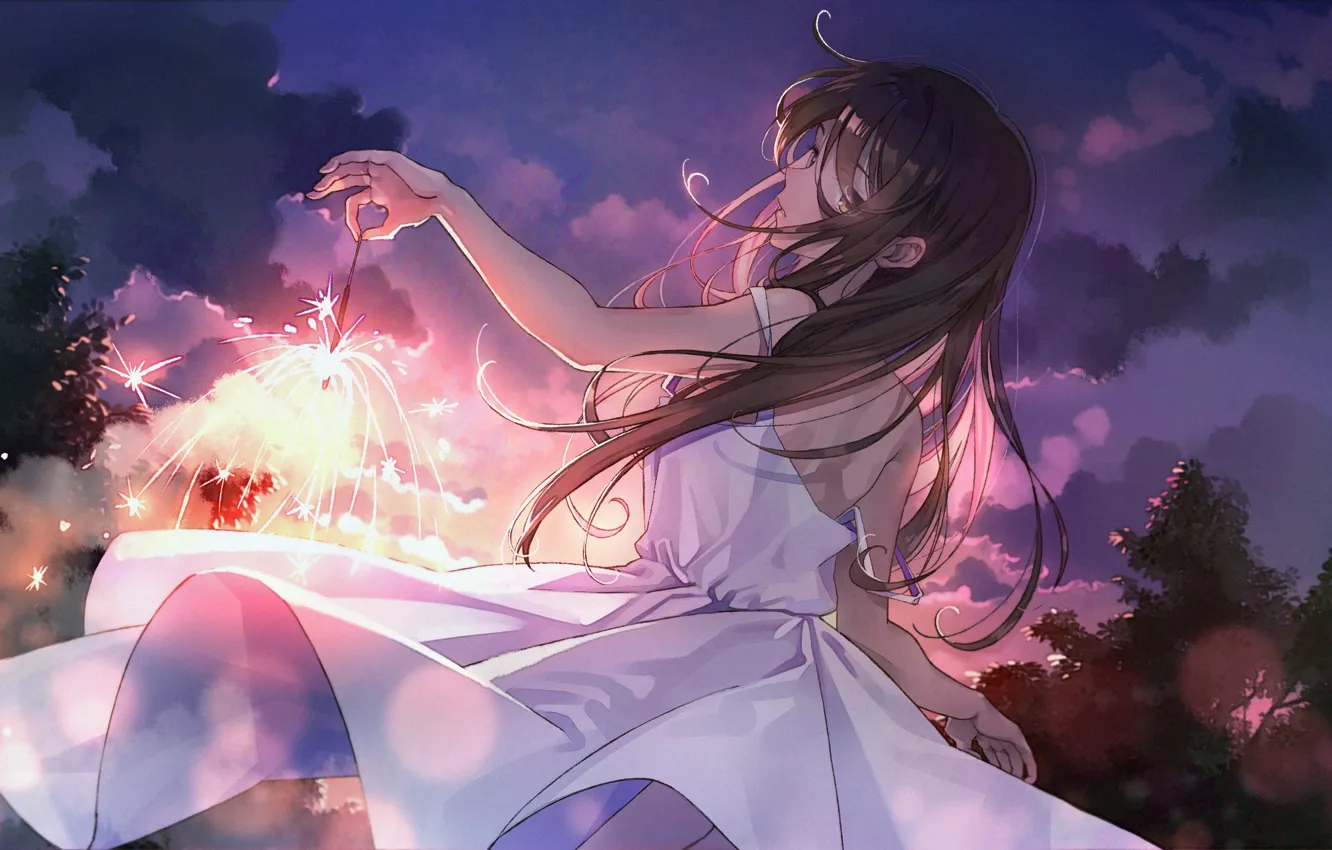 Photo wallpaper summer, girl, white dress, vacation, long hair, sparks, Sparkler, from the back