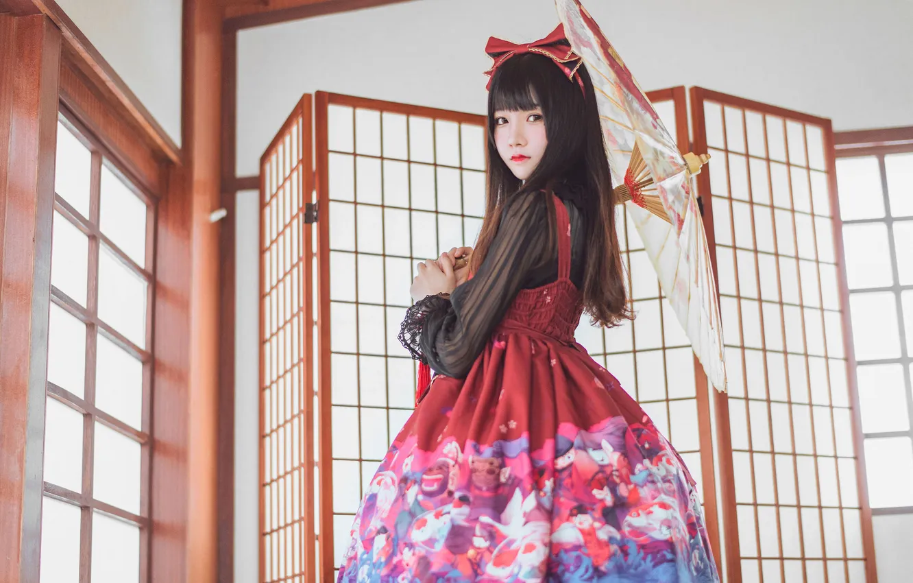 Photo wallpaper pose, umbrella, model, dress, Asian, beauty, model, beauty