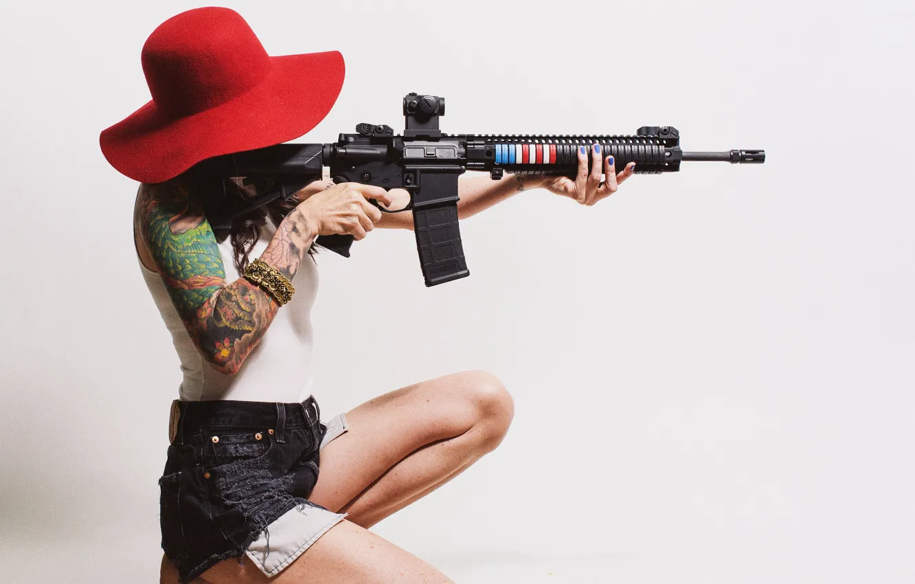 Photo wallpaper girl, hair, hat, rifle, tattoo, assault
