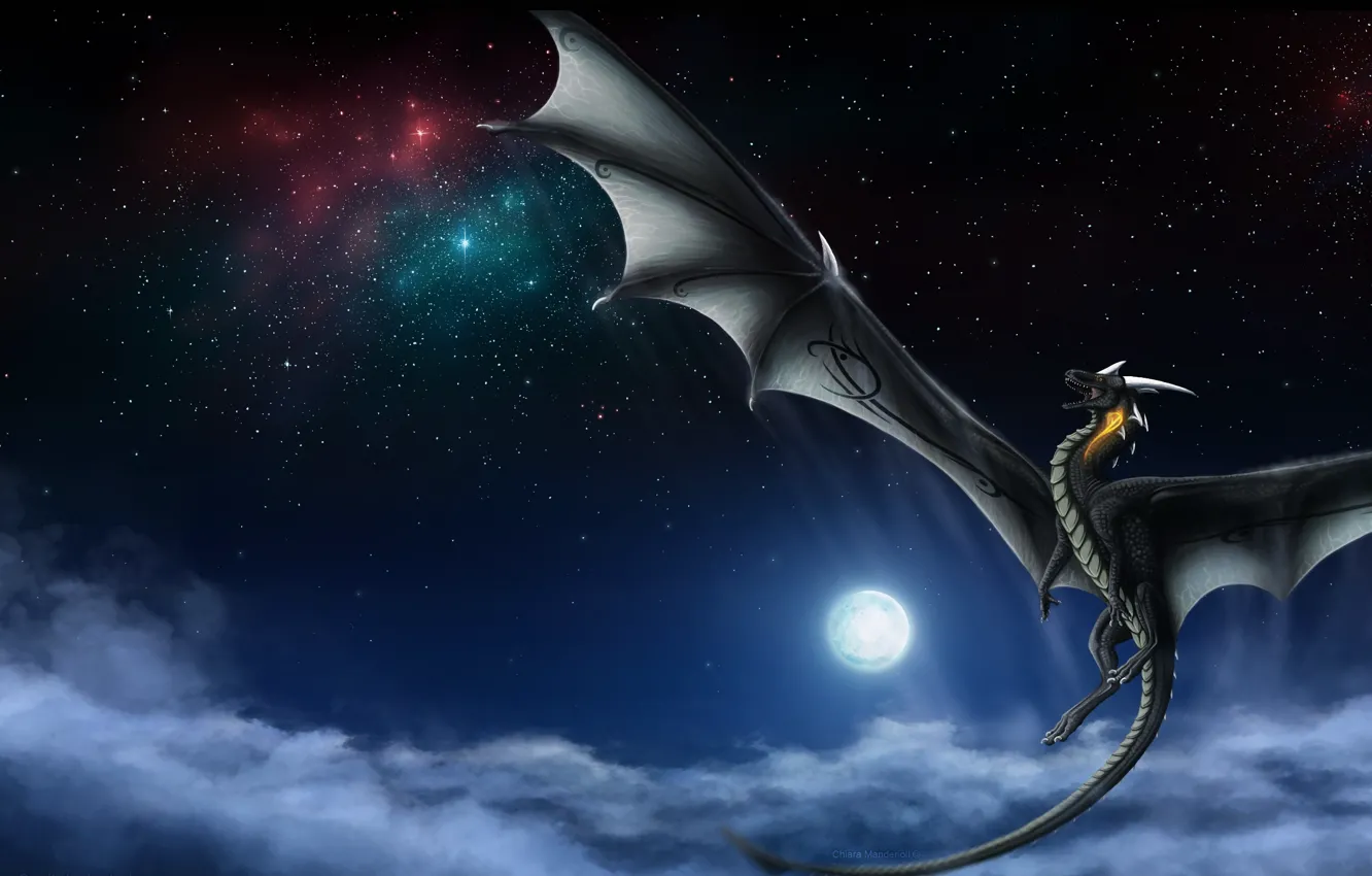 Photo wallpaper the sky, stars, clouds, flight, night, fiction, the moon, dragon