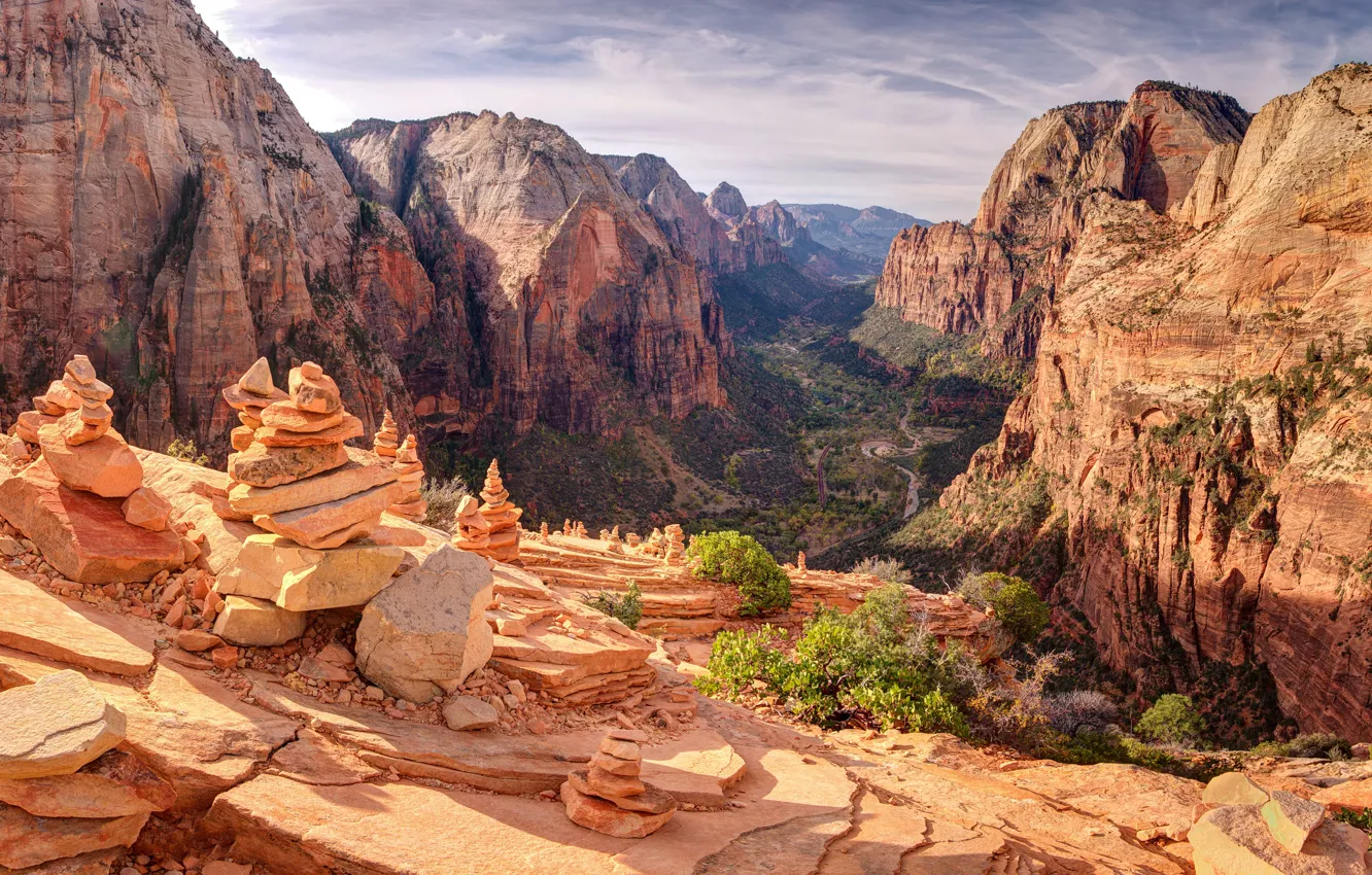 Photo wallpaper the sky, clouds, light, mountains, stones, rocks, desert, view