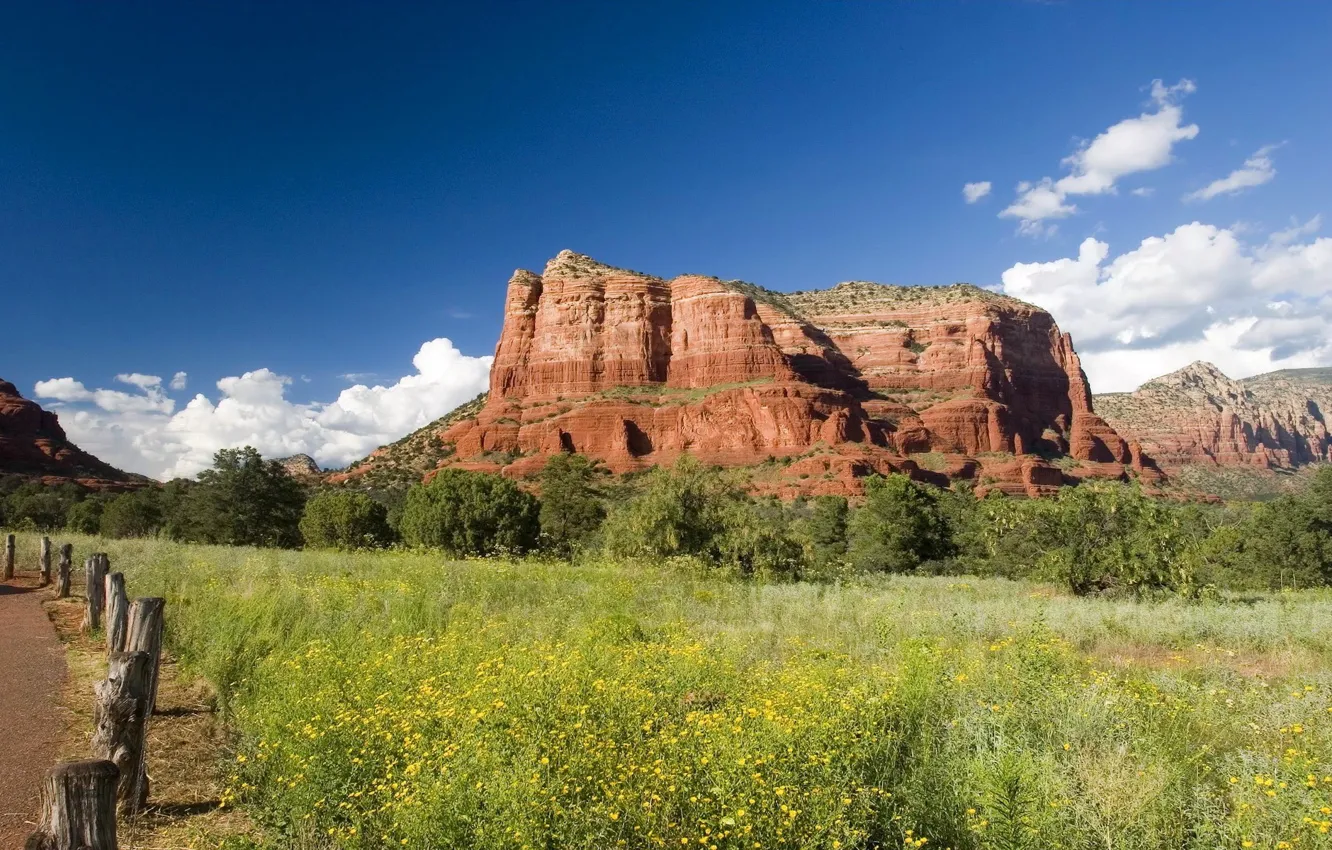 Photo wallpaper grass, clouds, mountains