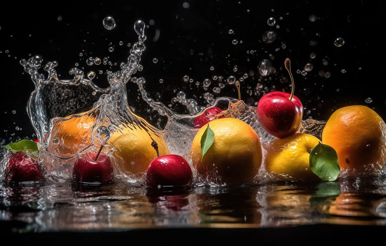 Photo wallpaper water, squirt, orange, splash, fruit, different, cuts, digital art