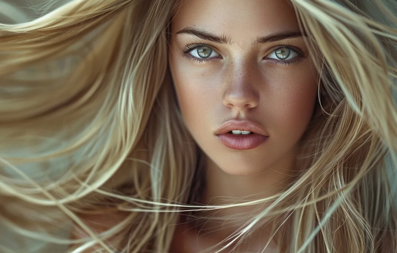 Photo wallpaper look, girl, face, portrait, makeup, blonde, long hair, flowing hair