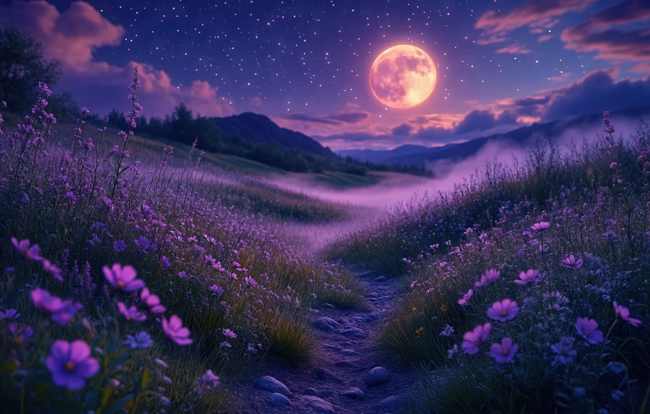Photo wallpaper flowers, night, the moon, AI art, neural network