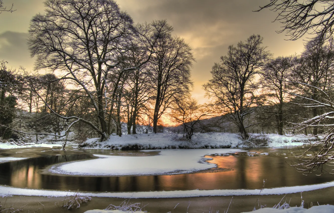 Photo wallpaper ice, the sky, clouds, snow, trees, landscape, sunset, nature