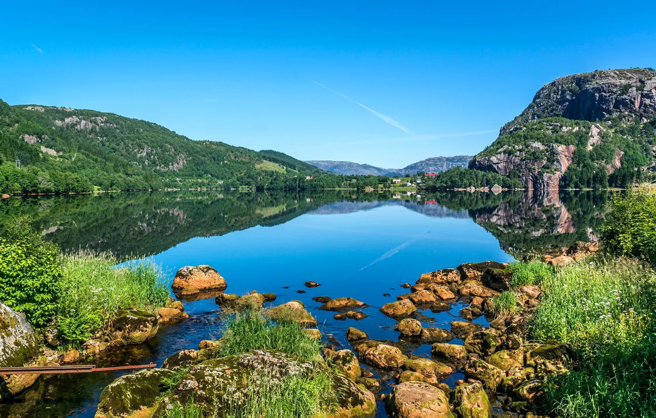 Photo wallpaper the sky, mountains, lake, stones, home