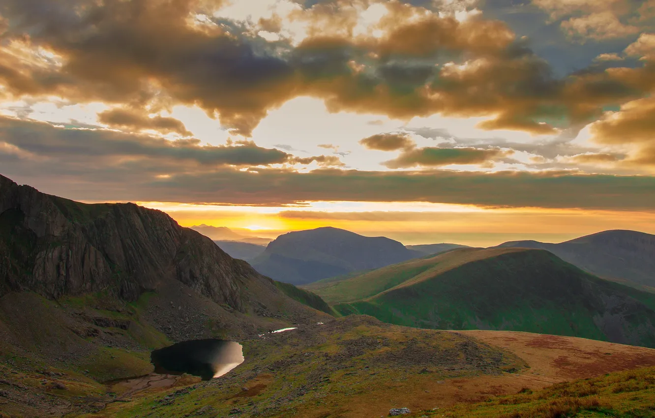 Photo wallpaper the sky, the sun, clouds, light, landscape, mountains, clouds, nature