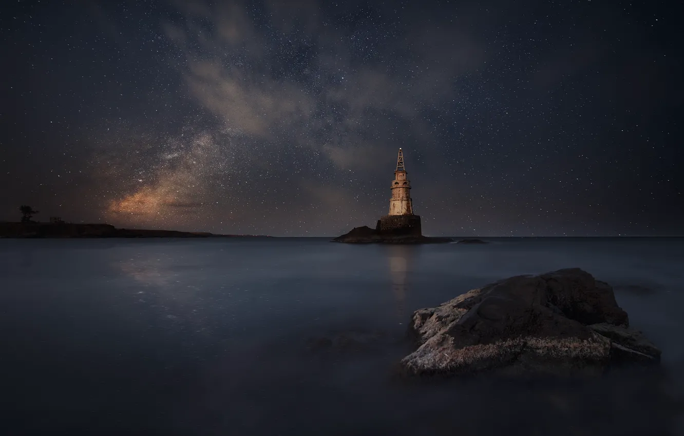 Photo wallpaper stars, night, stones, lighthouse