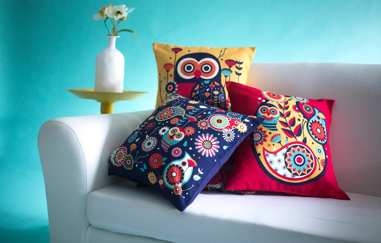 Photo wallpaper vase, sofa, PAISLEY OWLS, pillow, the room