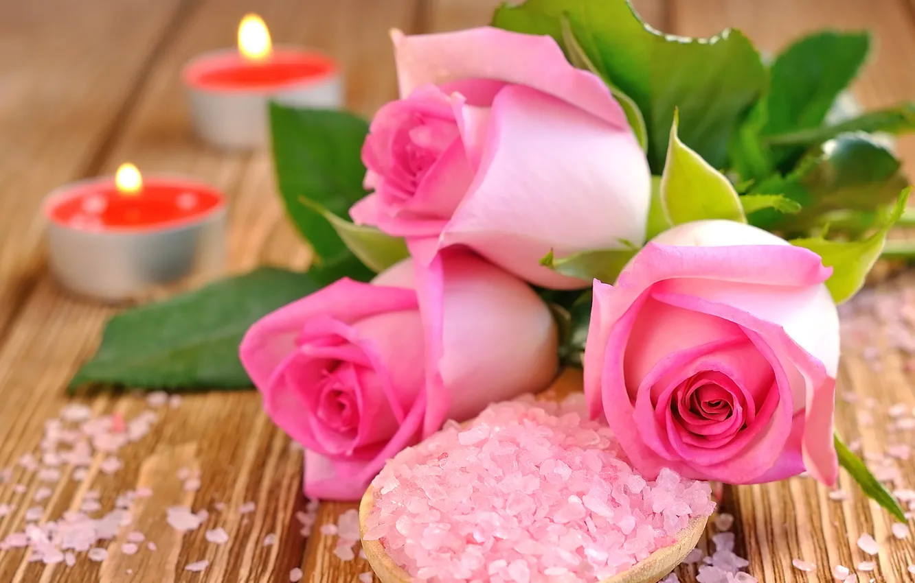 Photo wallpaper roses, candles, petals, pink, buds, salt