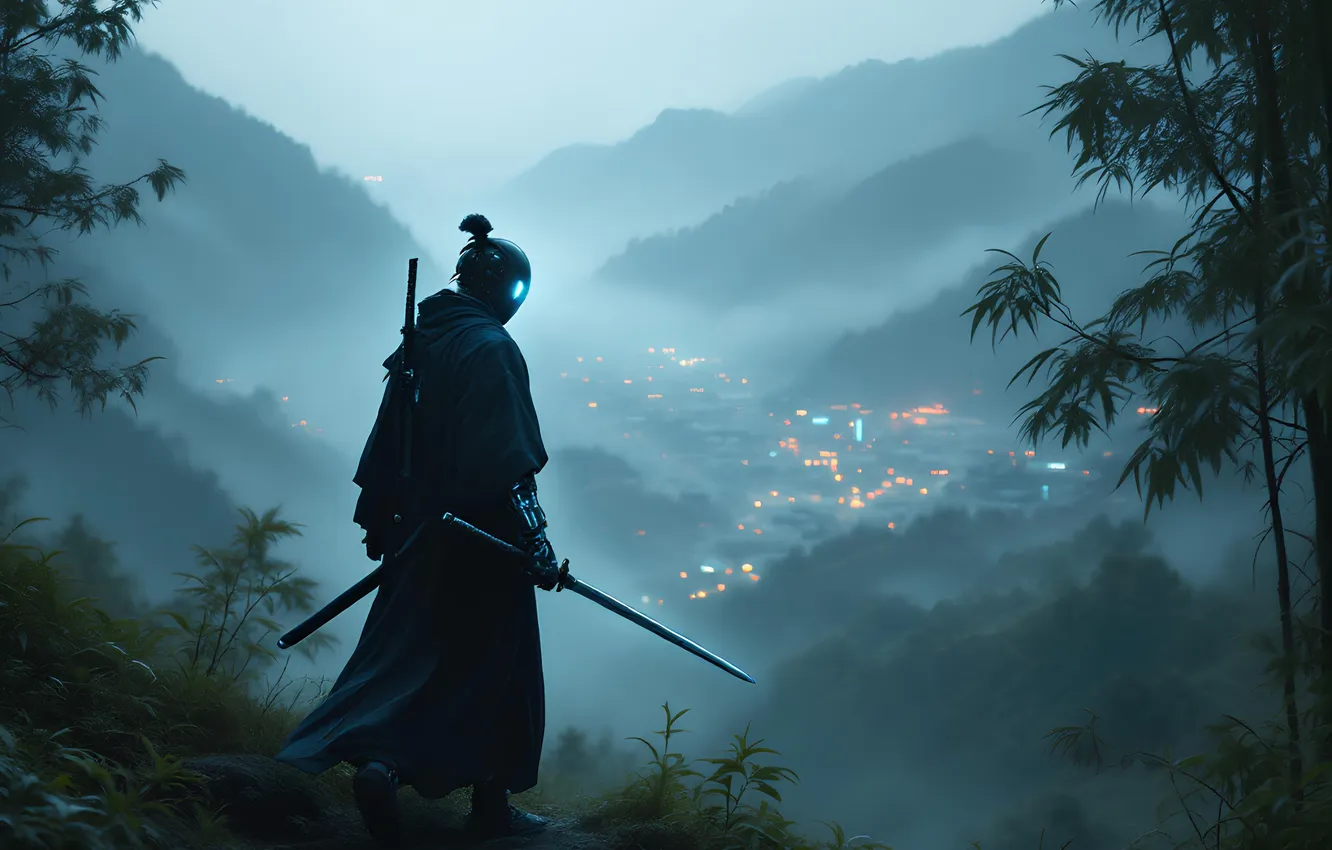 Photo wallpaper lights, dark, fantasy, weapon, mountains, katana, cyberpunk, village