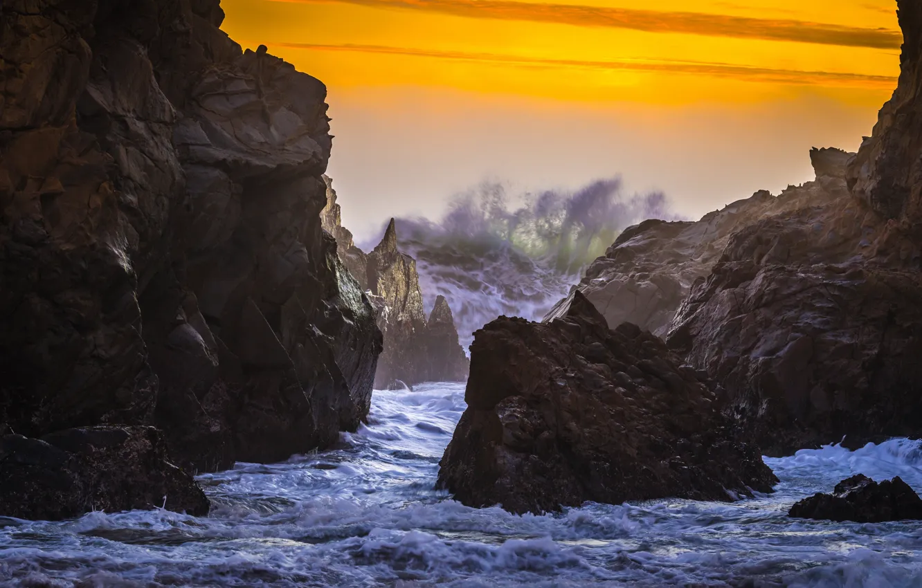 Photo wallpaper wave, foam, squirt, nature, rocks, surf