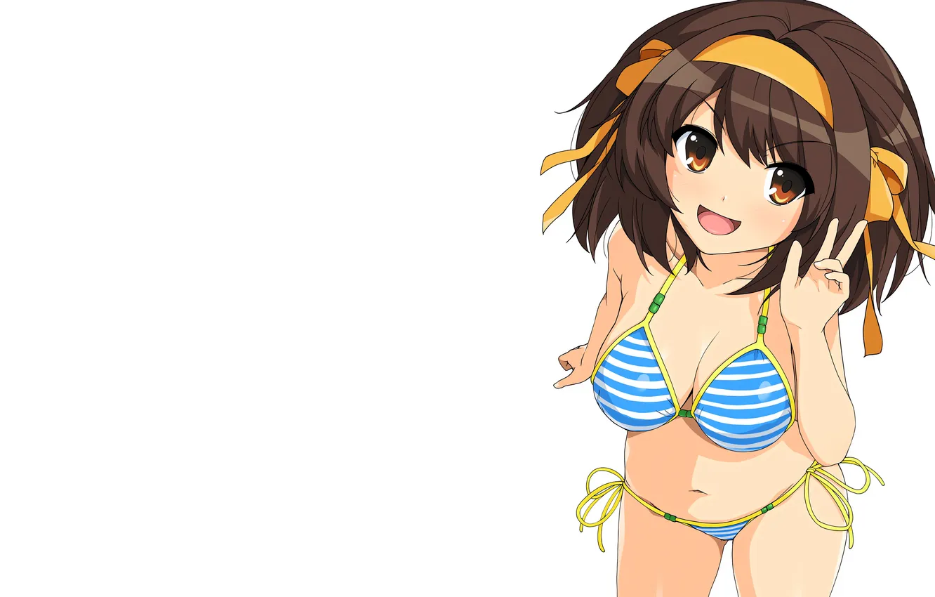 Photo wallpaper girl, sexy, cleavage, brown hair, boobs, smile, anime, beautiful