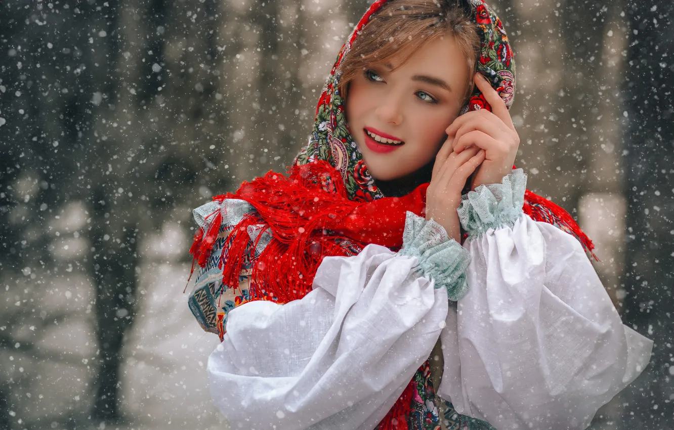 Photo wallpaper girl, snow, face, pose, hands, shawl, Alexey Belikov