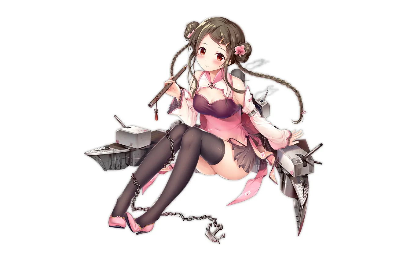 Photo wallpaper girl, sexy, cleavage, thighhighs, long hair, dress, brown hair, boobs