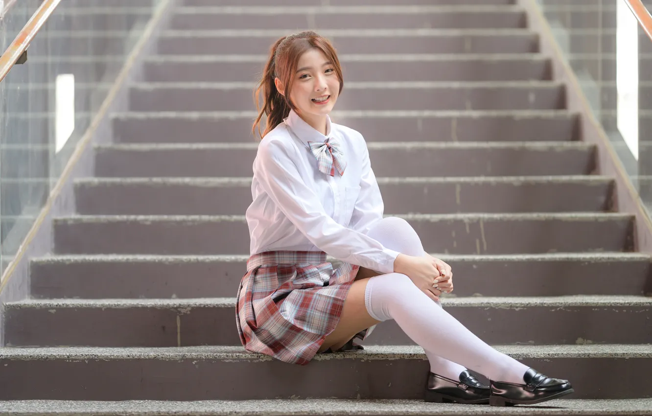 Photo wallpaper skirt, blouse, steps, legs, Asian, knee