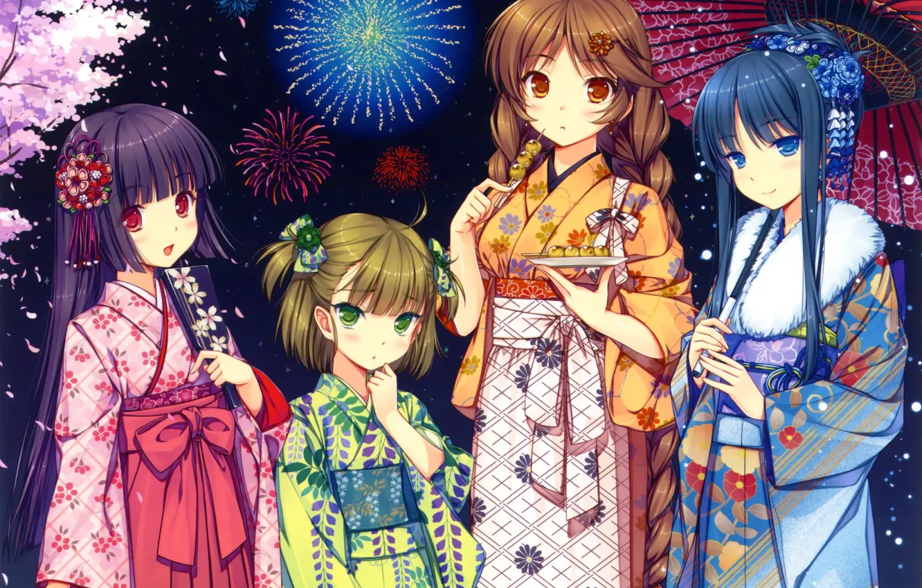 Photo wallpaper girl, trees, night, food, anime, petals, Sakura, art