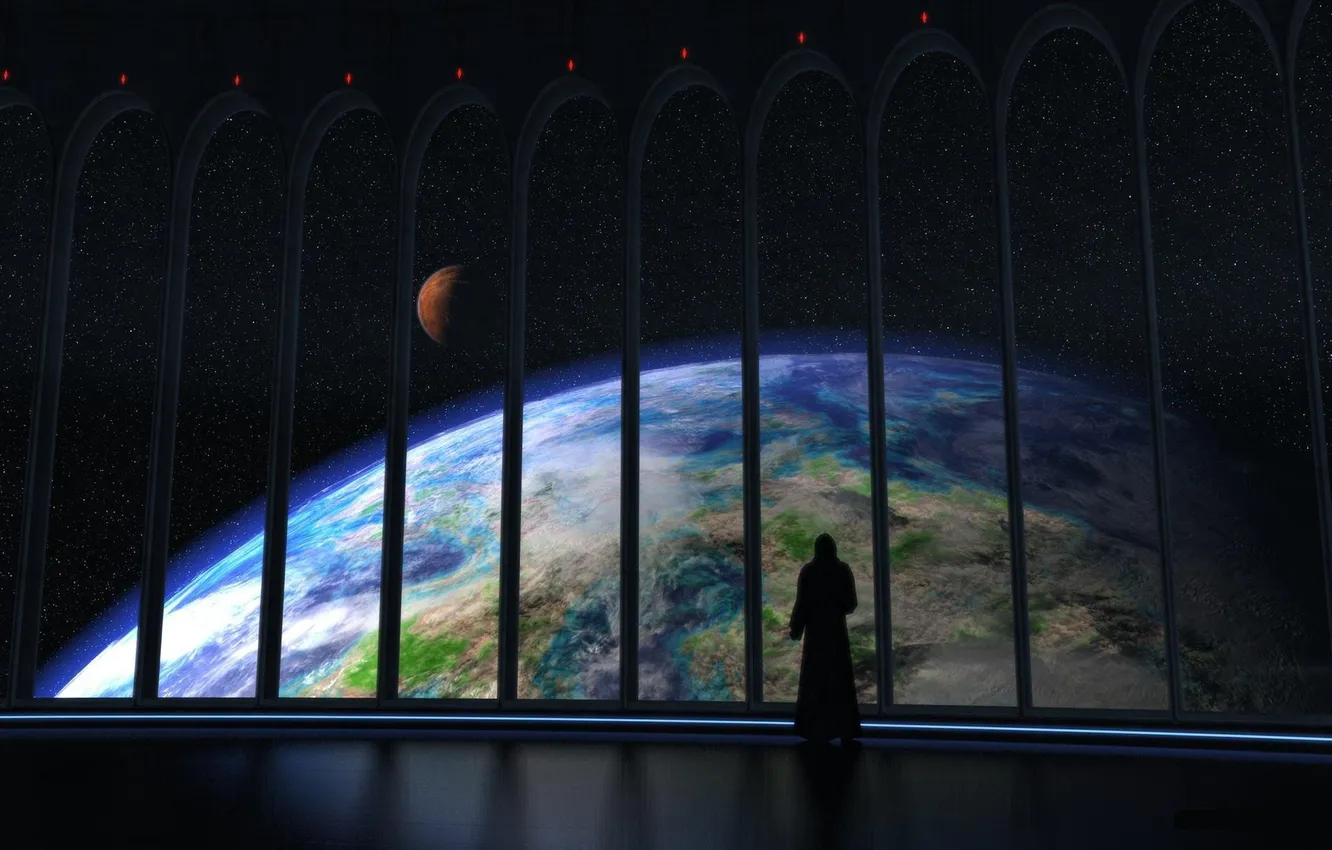 Photo wallpaper space, people, view, planet, the window, arch