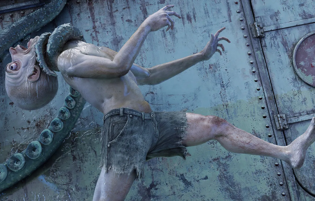 Photo wallpaper dark, metal, eyes, man, death, boat, creature, pants