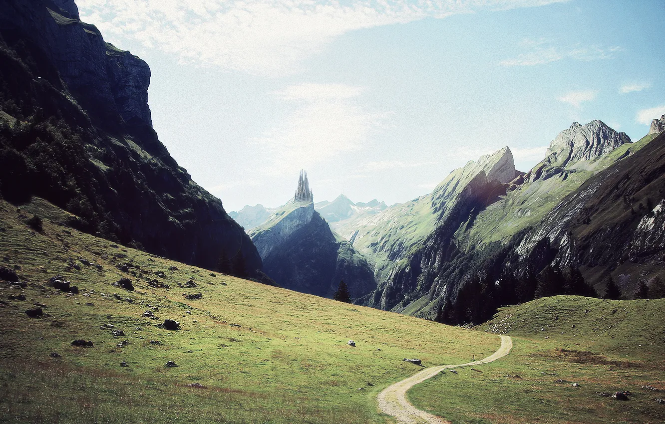 Photo wallpaper road, castle, mountain