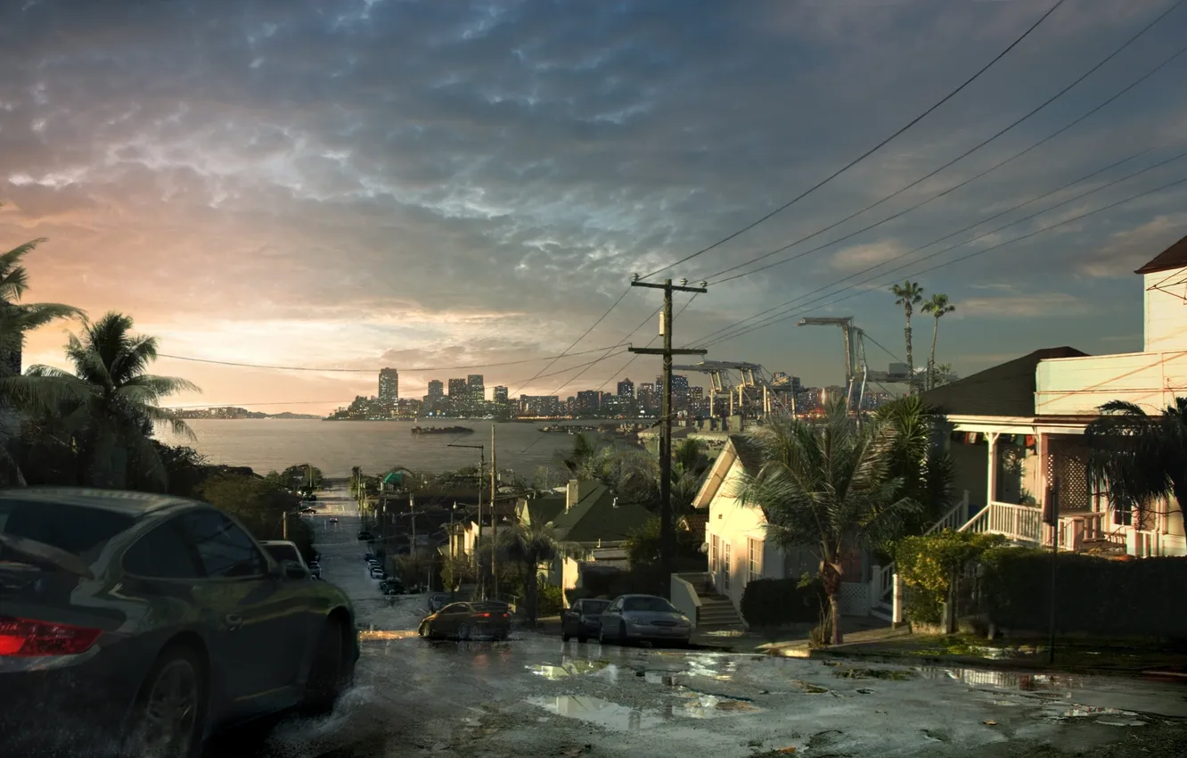 Photo wallpaper road, the city, palm trees, street, home, Porsche, art, Need for Speed: Undercover