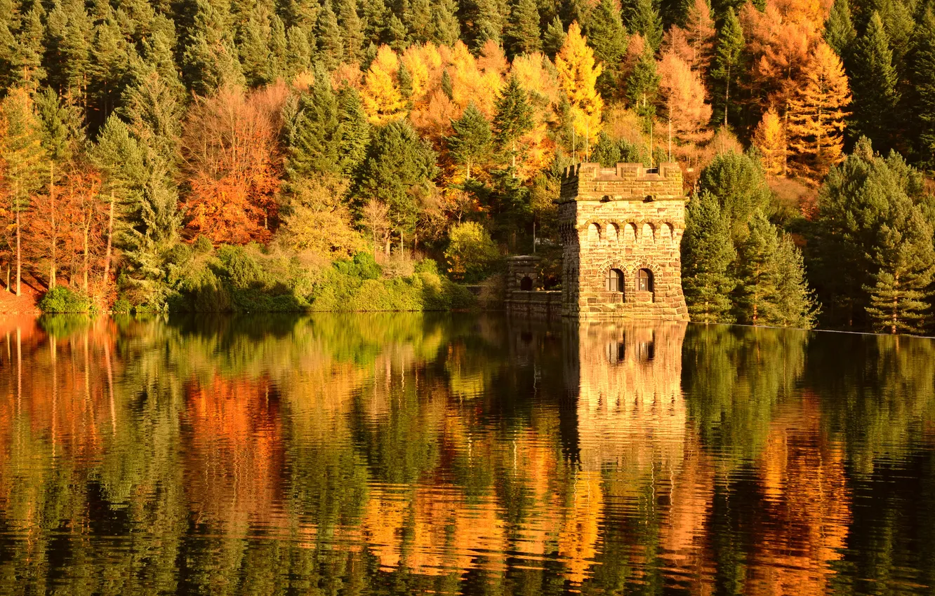 Photo wallpaper autumn, forest, water, lake, reflection, river, Marina, fortress