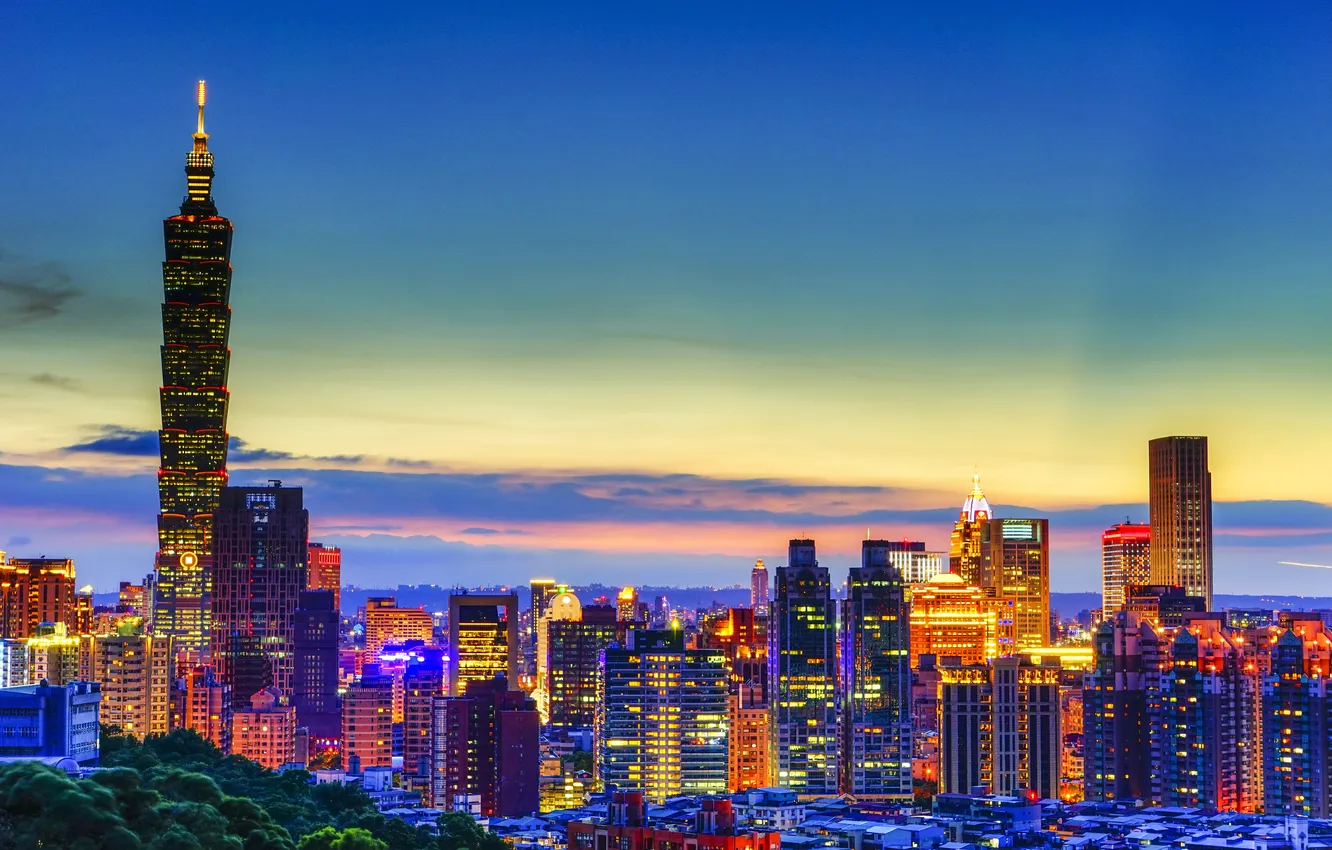 Photo wallpaper the sky, clouds, sunset, horizon, Taiwan, Taipei, Taipei 101