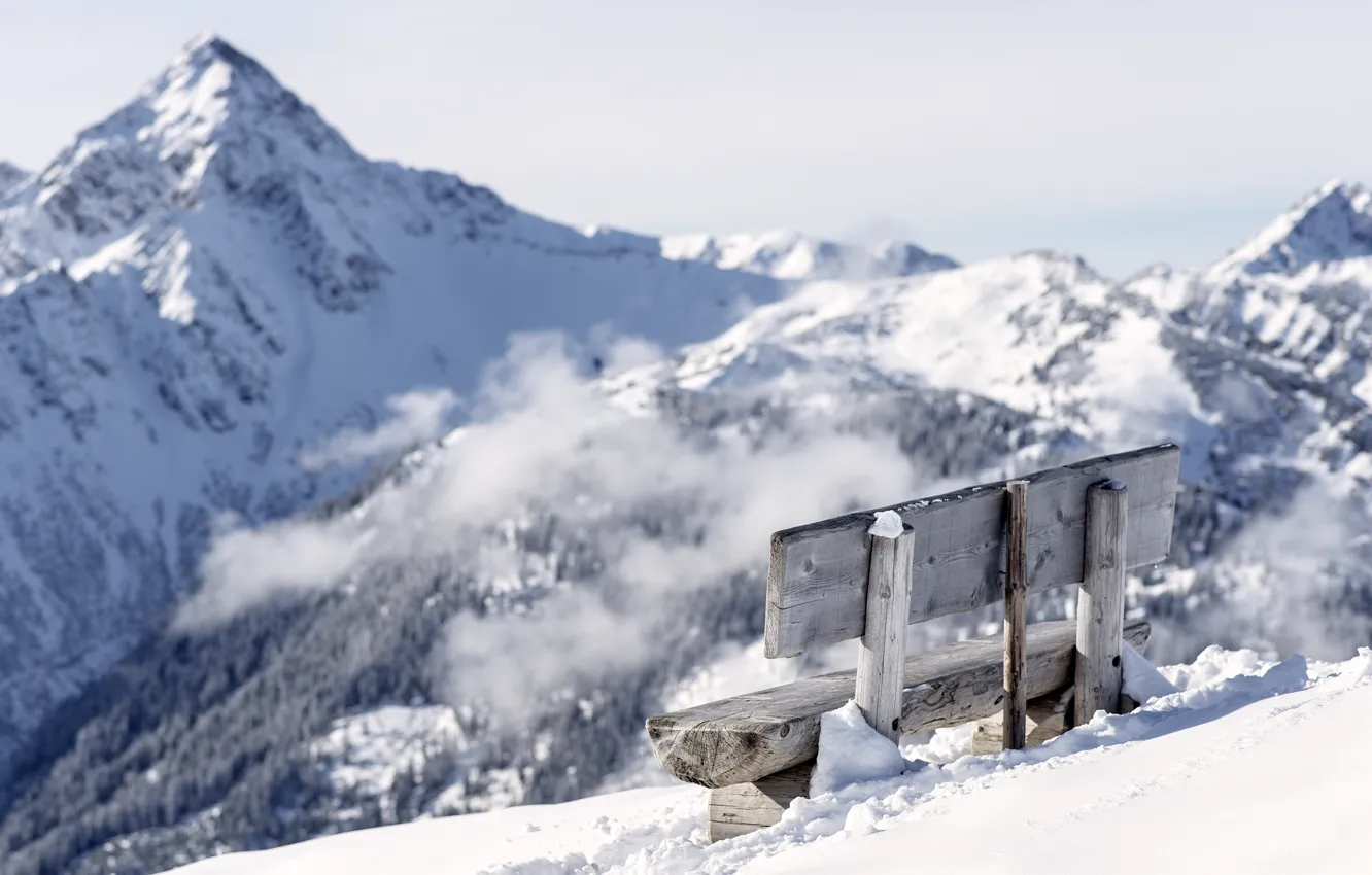Photo wallpaper winter, mountains, snow, bench, top