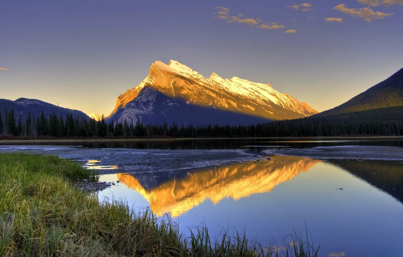 Photo wallpaper mountains, lake, shore, shadow, sunset