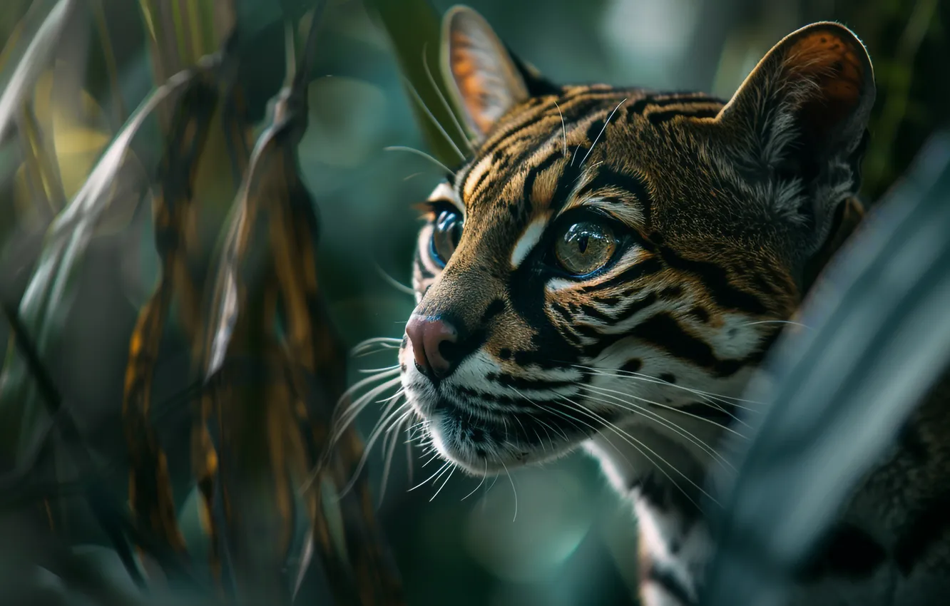 Photo wallpaper look, face, branches, portrait, wild cat, bokeh, ocelot, AI art